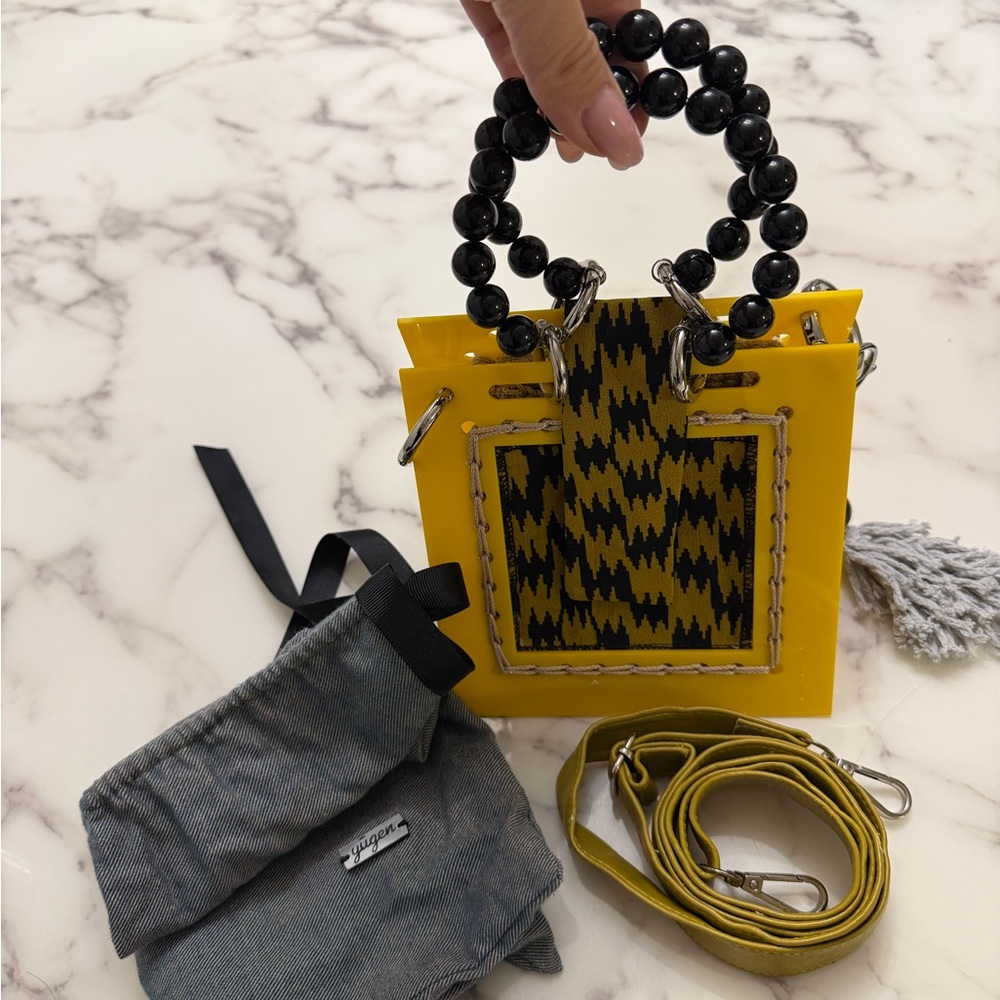 Yellow and Black Handbag with Beaded Handle Handmade bag (6)